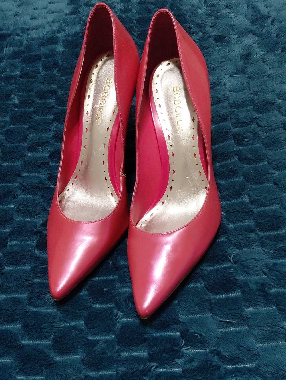 BCBGirls Shiny Coral Pink Pointed-Toe Stiletto Pumps